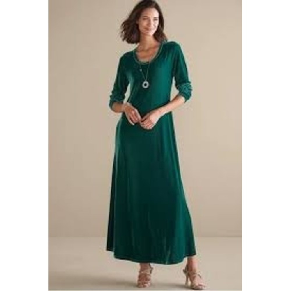 Soft Surroundings Teal Green Velvet Scoop Neck Long Sleeve Midi Dress 3X